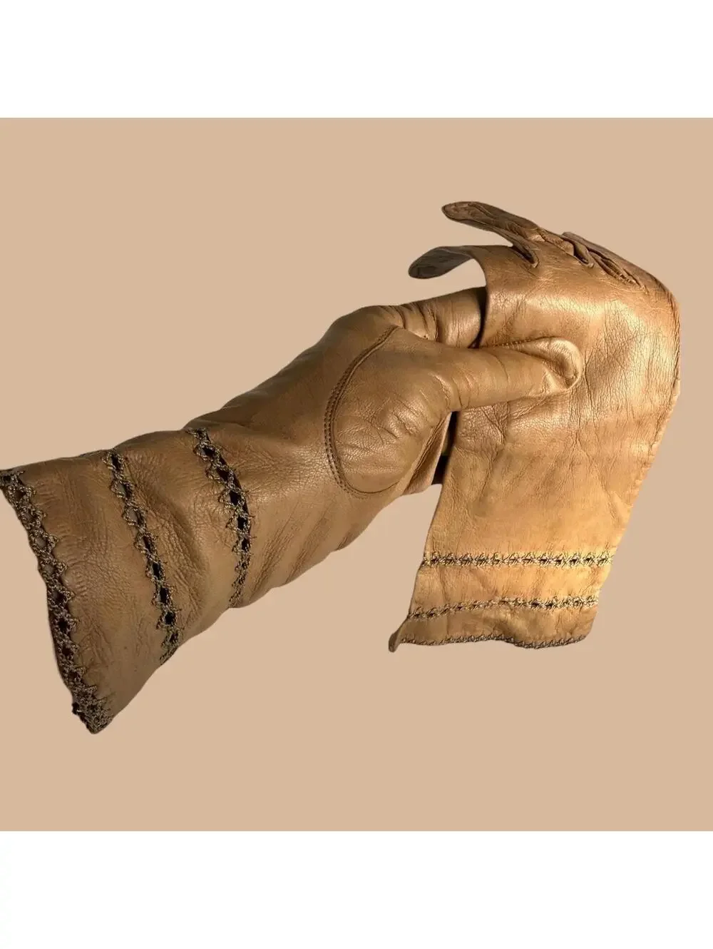 Vintage Soft Light Brown Leather Gloves with Embroidery, Gauntlet Length